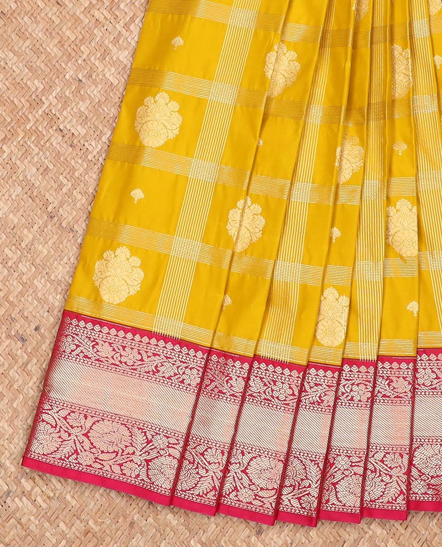 Yellow zari buttas with zari checked design gift saree, contrast traditional zari border, and jaal design pallu