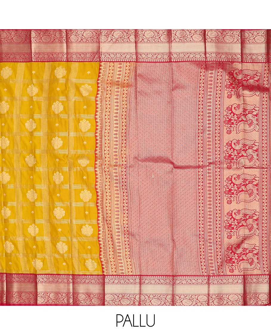 Yellow zari buttas with zari checked design gift saree, contrast traditional zari border, and jaal design pallu