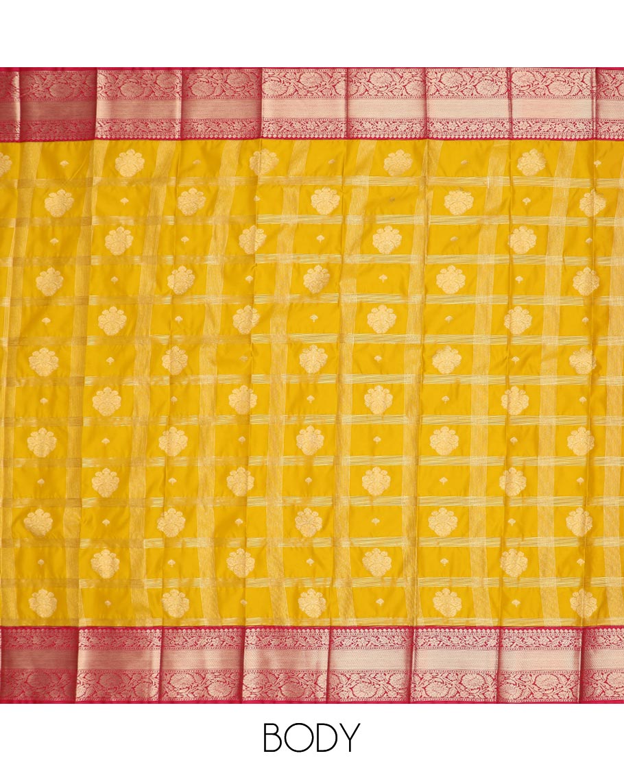 Yellow zari buttas with zari checked design gift saree, contrast traditional zari border, and jaal design pallu