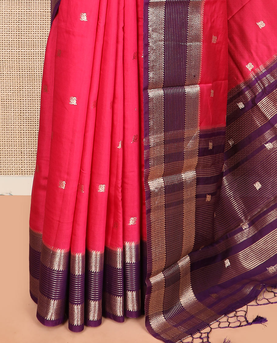 Pink peacock buttas assam silk saree, contrast traditional zari border, and pallu of zari design