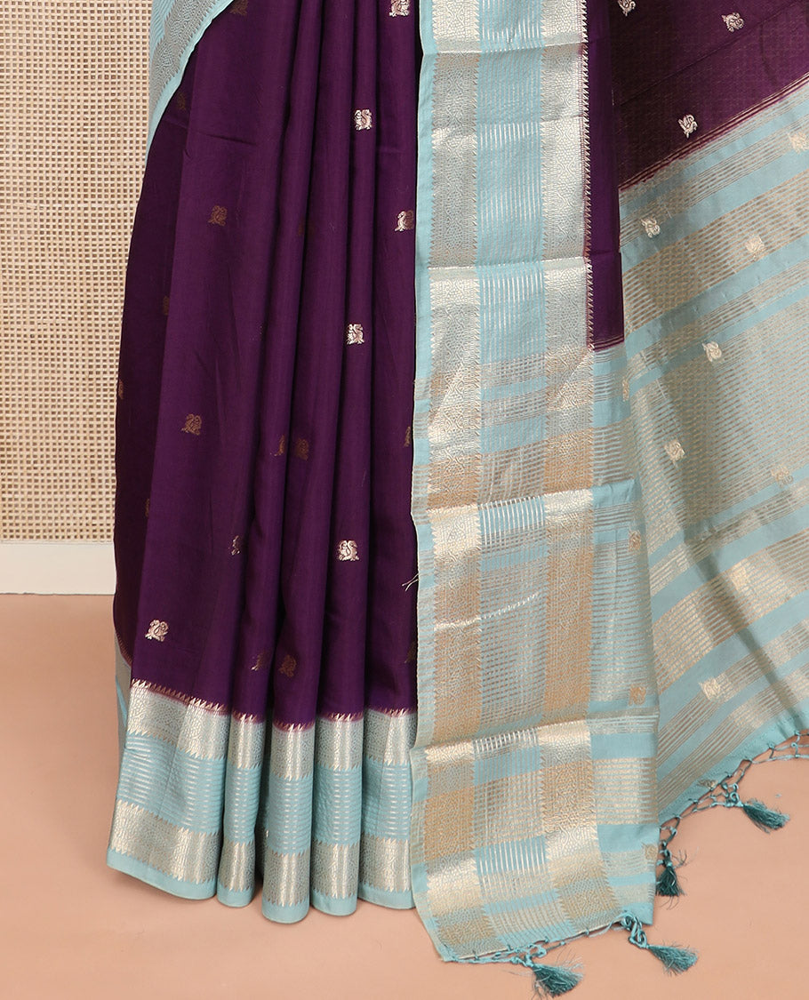 Purple peacock buttas Assam silk saree, contrast traditional zari border, and pallu of zari designs