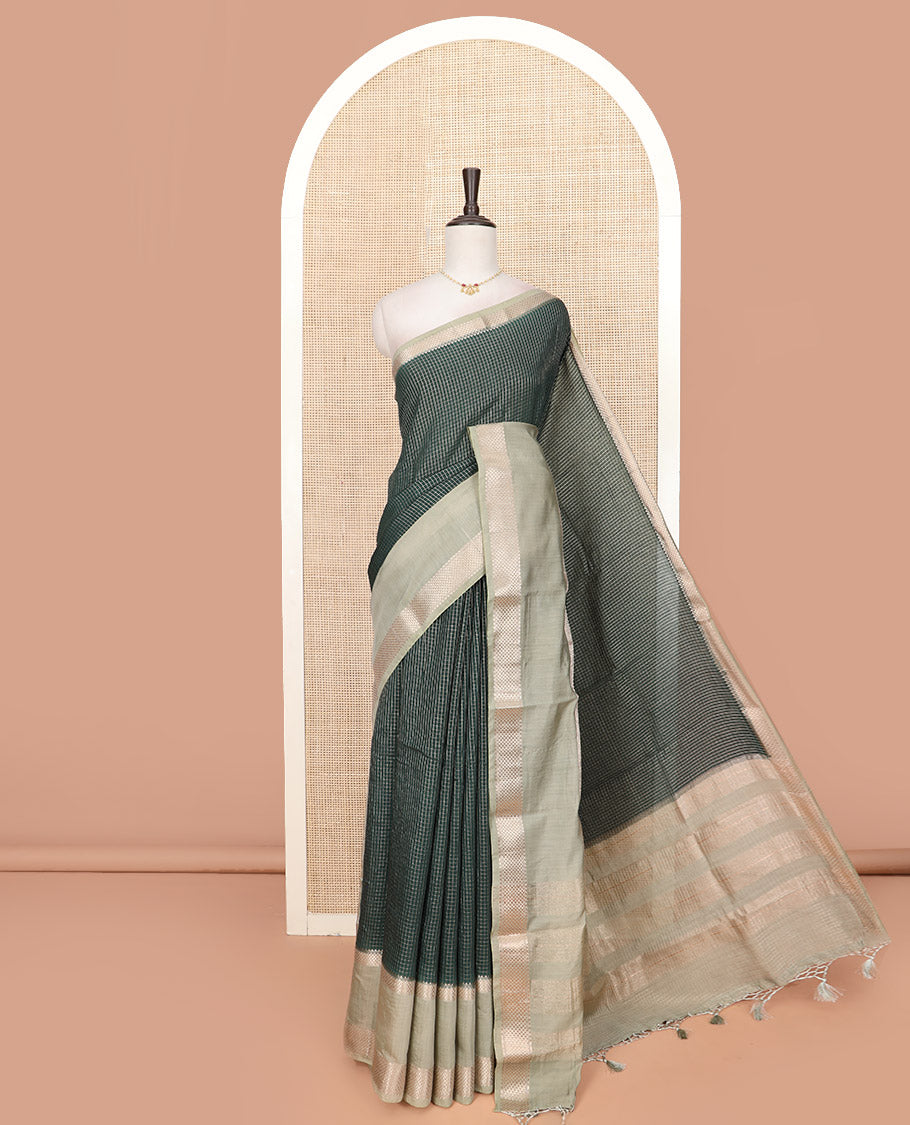 Dark Green Assam Silk Saree Sparsely Sparkled with Zari Checks, Complemented by Contrast Zari Border of Triangle Motifs, a Gleaming Pallu of Zari Stripes, and Paired with a Contrast Blouse