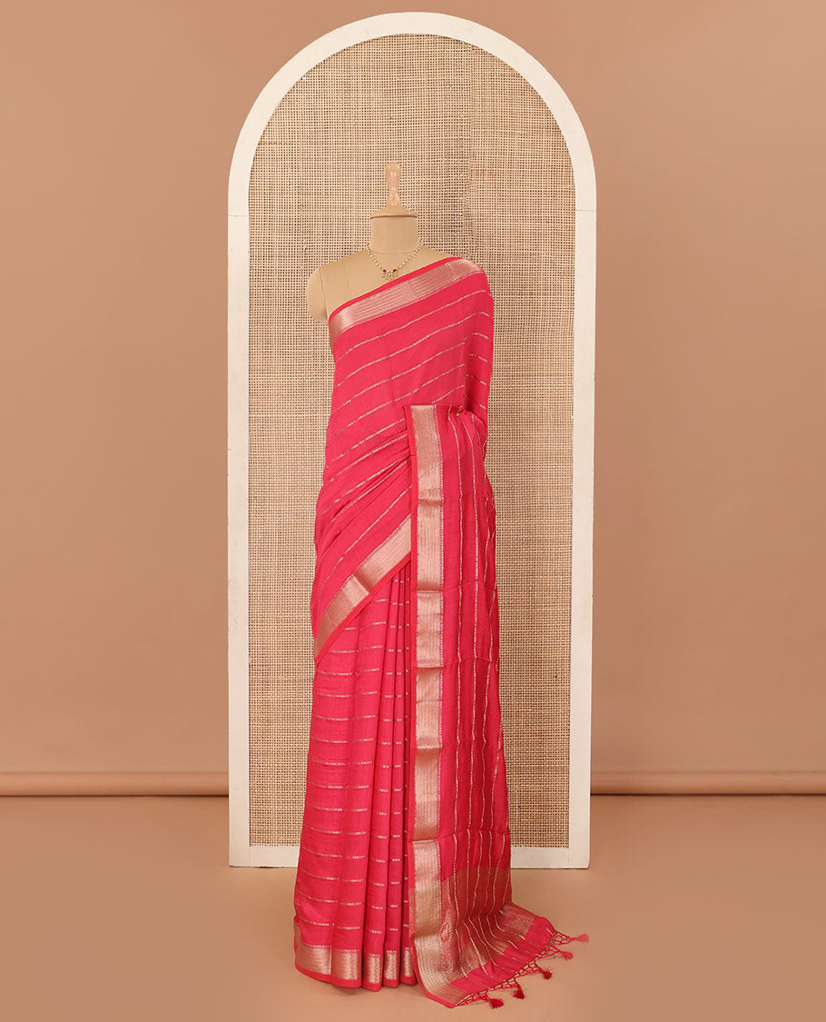 Pink striped Assam silk saree, traditional zari design border, and pallu of stripes