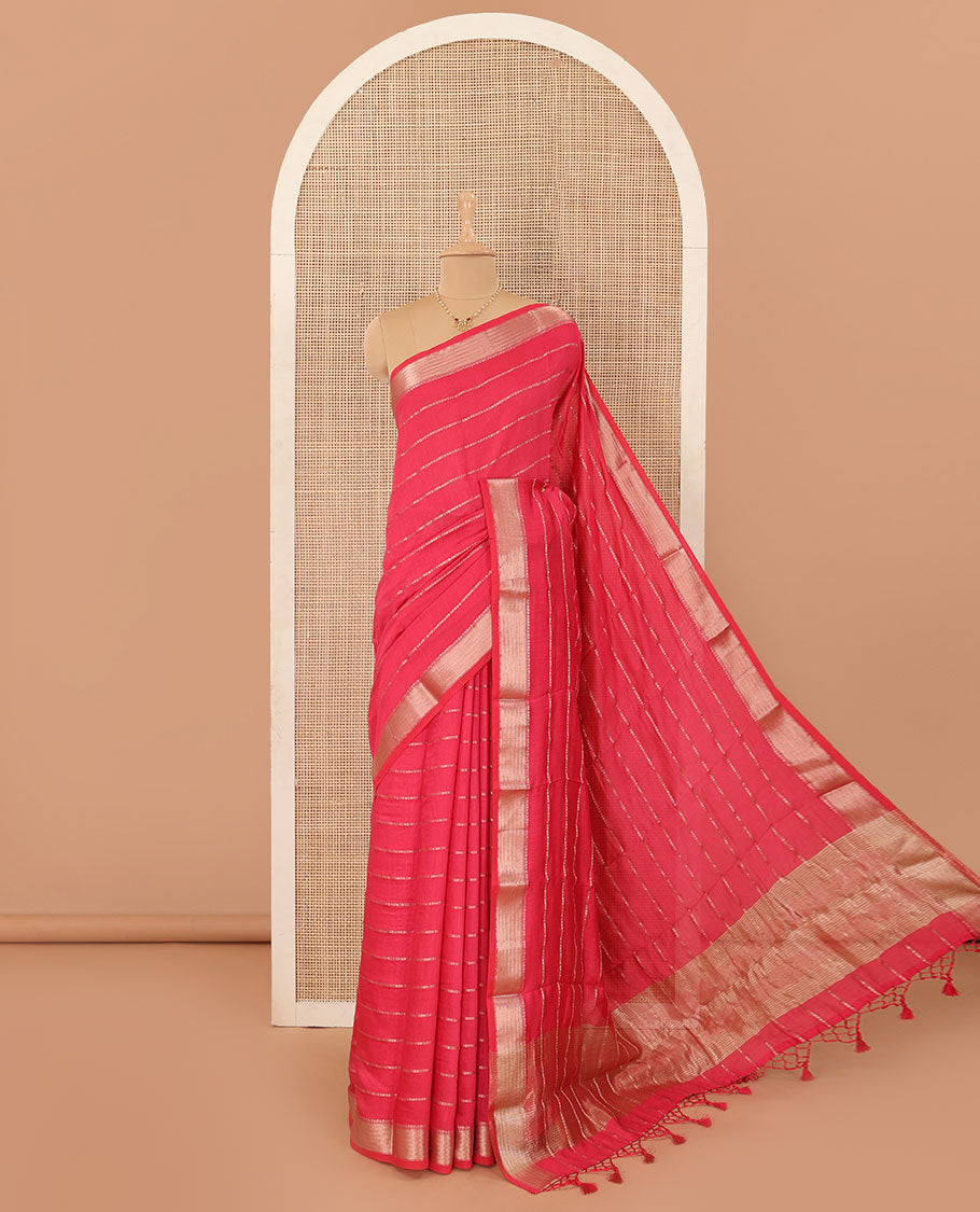 Pink striped Assam silk saree, traditional zari design border, and pallu of stripes