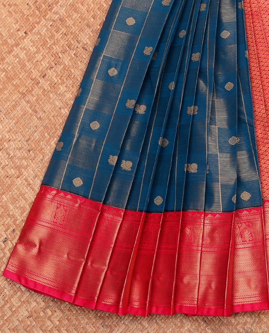 Blue Budget Silk Saree, Woven with Zari Buttas and Checks, Complemented by a Contrast Traditional Zari Border, Grand Pallu, and Contrast Blouse