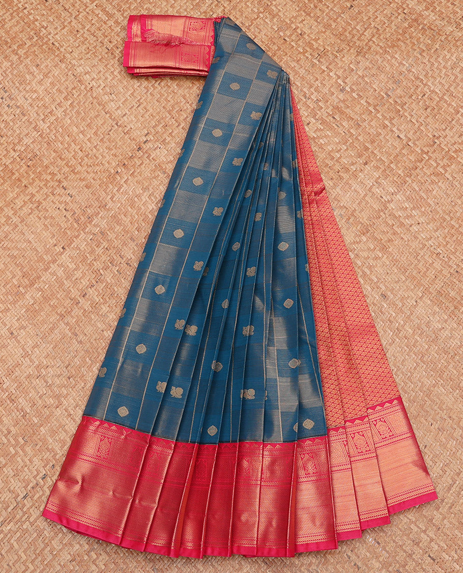 Blue Budget Silk Saree, Woven with Zari Buttas and Checks, Complemented by a Contrast Traditional Zari Border, Grand Pallu, and Contrast Blouse