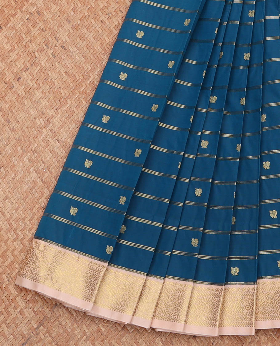 Blue Budget Silk Saree, Subtly Enriched with Peacock Buttas and Stripes, Complemented by a Contrast Traditional Zari Border, Jaal Pallu, and a Contrast Blouse