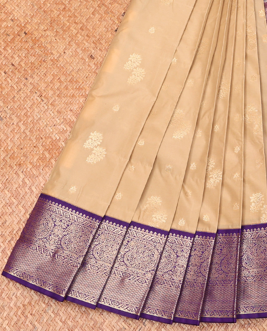 Light Sandal Budget Silk Saree, Subtly Sparkled With Zari Buttas All Over Its Body, Complemented by Contrast Traditional Zari Designs Woven Border, Grand Jaal Pallu and Paired with a Contrast Blouse