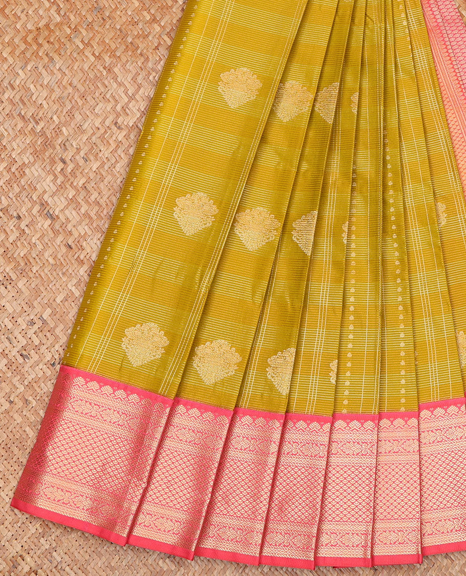 Green Budget Silk Saree, Styled with Zari Buttas on Its Body, Complemented by a Contrast Traditional Zari Design Border, Grand Jaal Pallu, and Paired with a Contrast Blouse