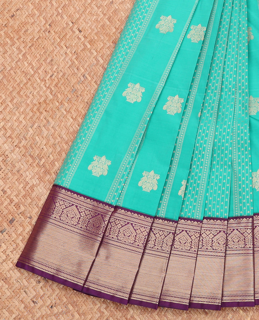 Turquoise Budget Silk Saree, Styled with Zari Designs, Complemented by a Contrast Traditional Zari Rettai Pettu Border, Grand Pallu, and Contrast Blouse