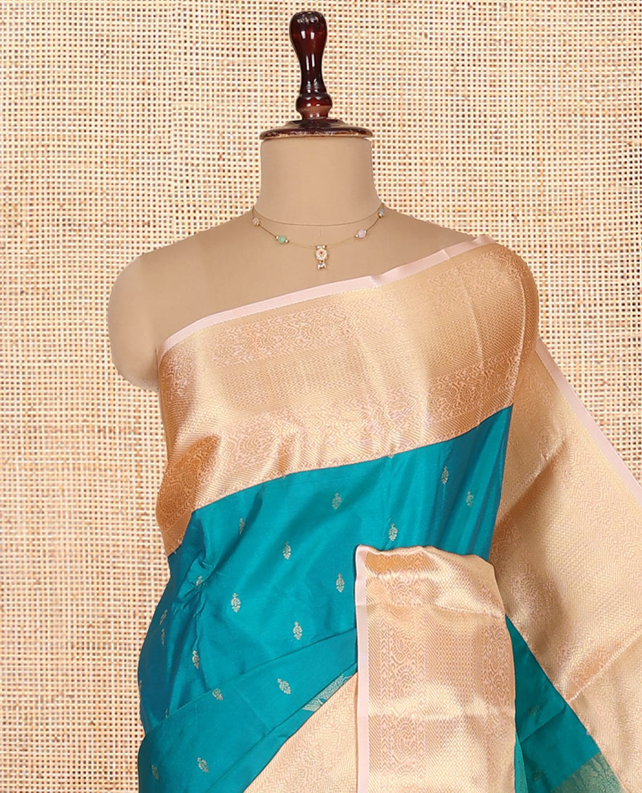 Blue Budget Silk Saree, Boldly Accentuated with Zari Buttas on Its Body, Complemented by a Contrast Traditional Zari Design Border, Grandly Decked Up Pallu, and Paired with a Contrast Blouse