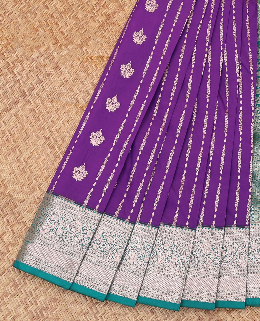 Purple Budget Silk Saree, Decorated with Zari Buttas, Complemented by Contrast Traditional Zari Border, an Intricate Pallu and a Contrast Blouse