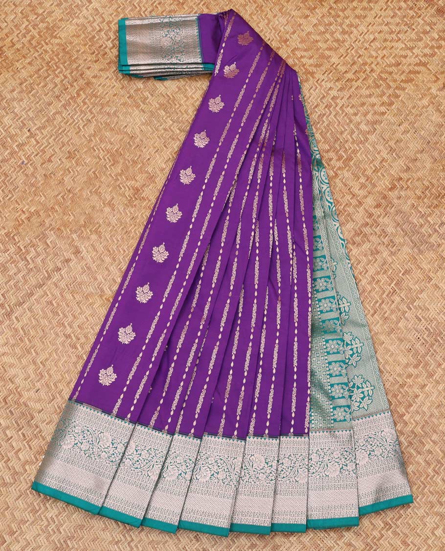 Purple Budget Silk Saree, Decorated with Zari Buttas, Complemented by Contrast Traditional Zari Border, an Intricate Pallu and a Contrast Blouse