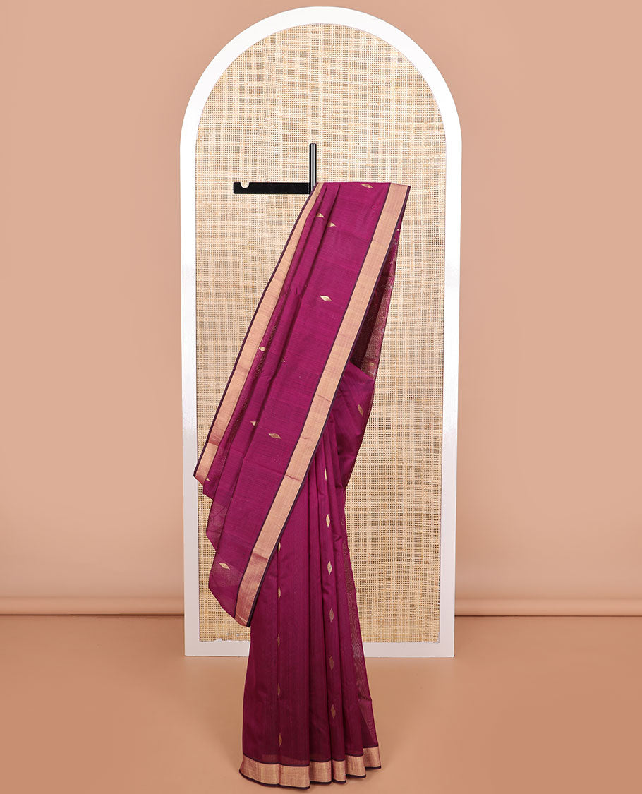 Purple floral design chanderi cotton saree with contrast zari border & striped, floral design pallu
