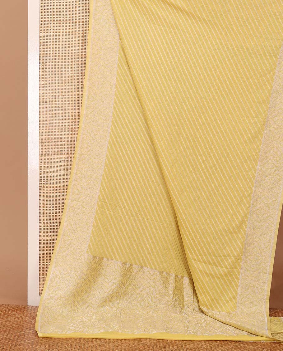 Yellow diagonal striped fancy crepe saree, self-border & pallu of zari designs