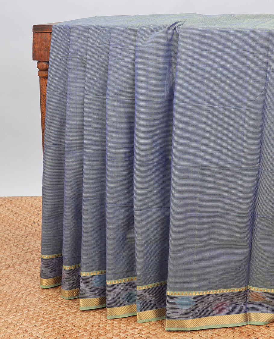 Blue mangalagiri cotton saree with contrast floral design border & striped pallu