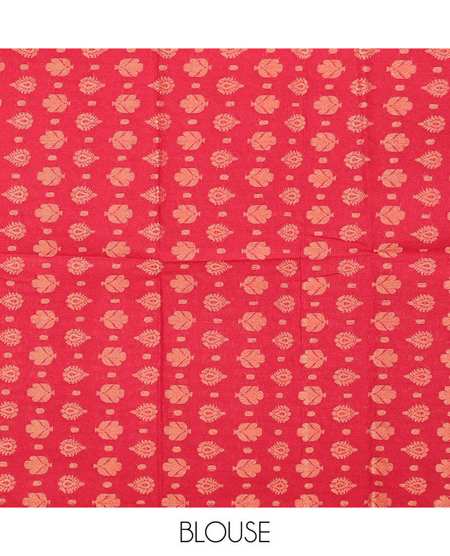 Orange checked Chettinad cotton saree, contrast traditional design border, and pallu of stripes