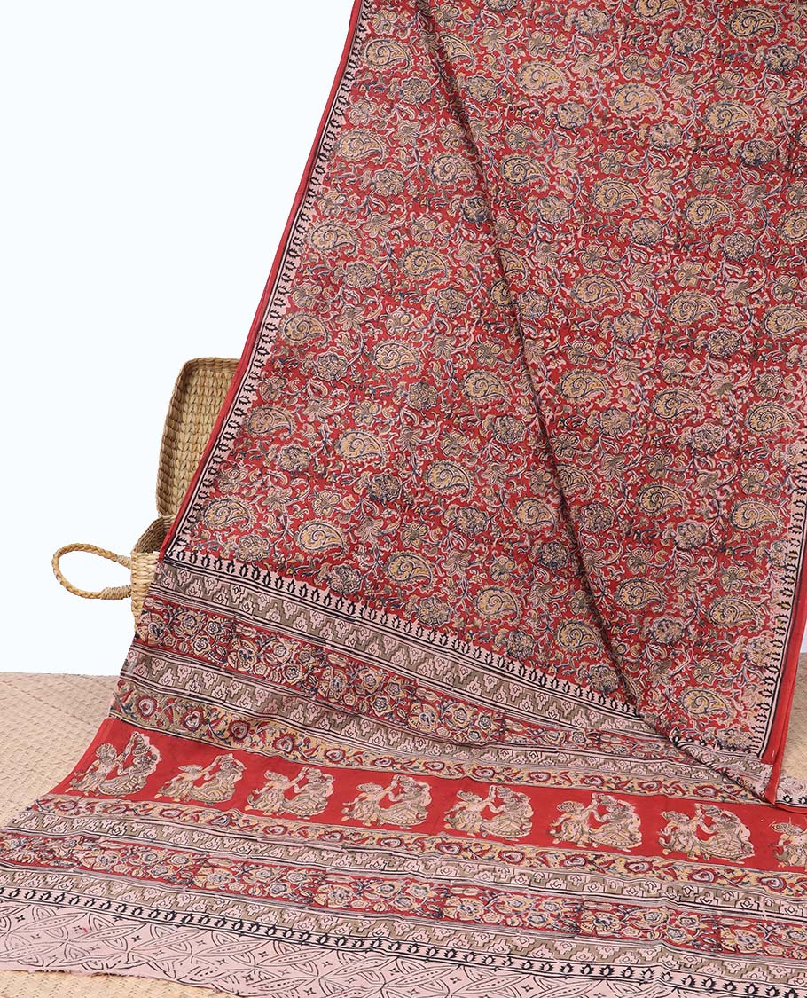 Maroon floral vie design machine-printed kalamkari cotton saree with contrast floral design border & human,floral design pallu