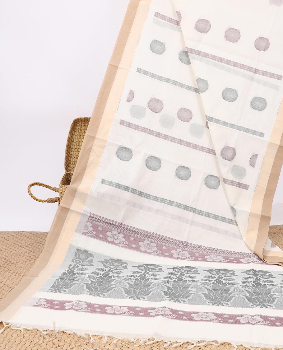 Cream stripes & polka dots Coimbatore cotton saree, contrast border & pallu of floral designs