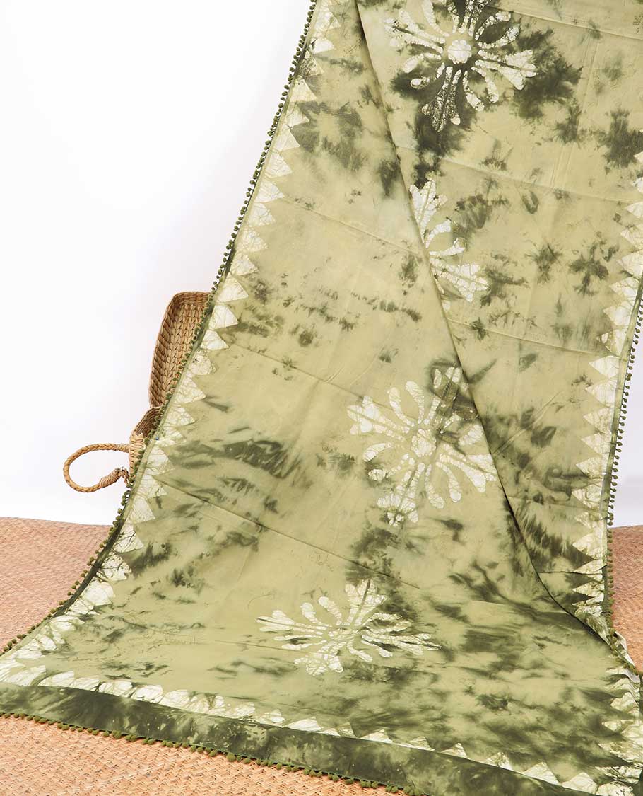 Olive green batik style leaf creeper with self batik style border