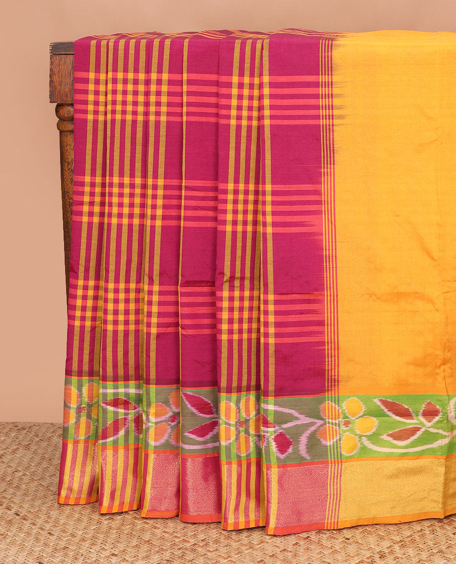 Maroon checked poly cotton saree, contrast floral ikkat border, and pallu of thick stripes