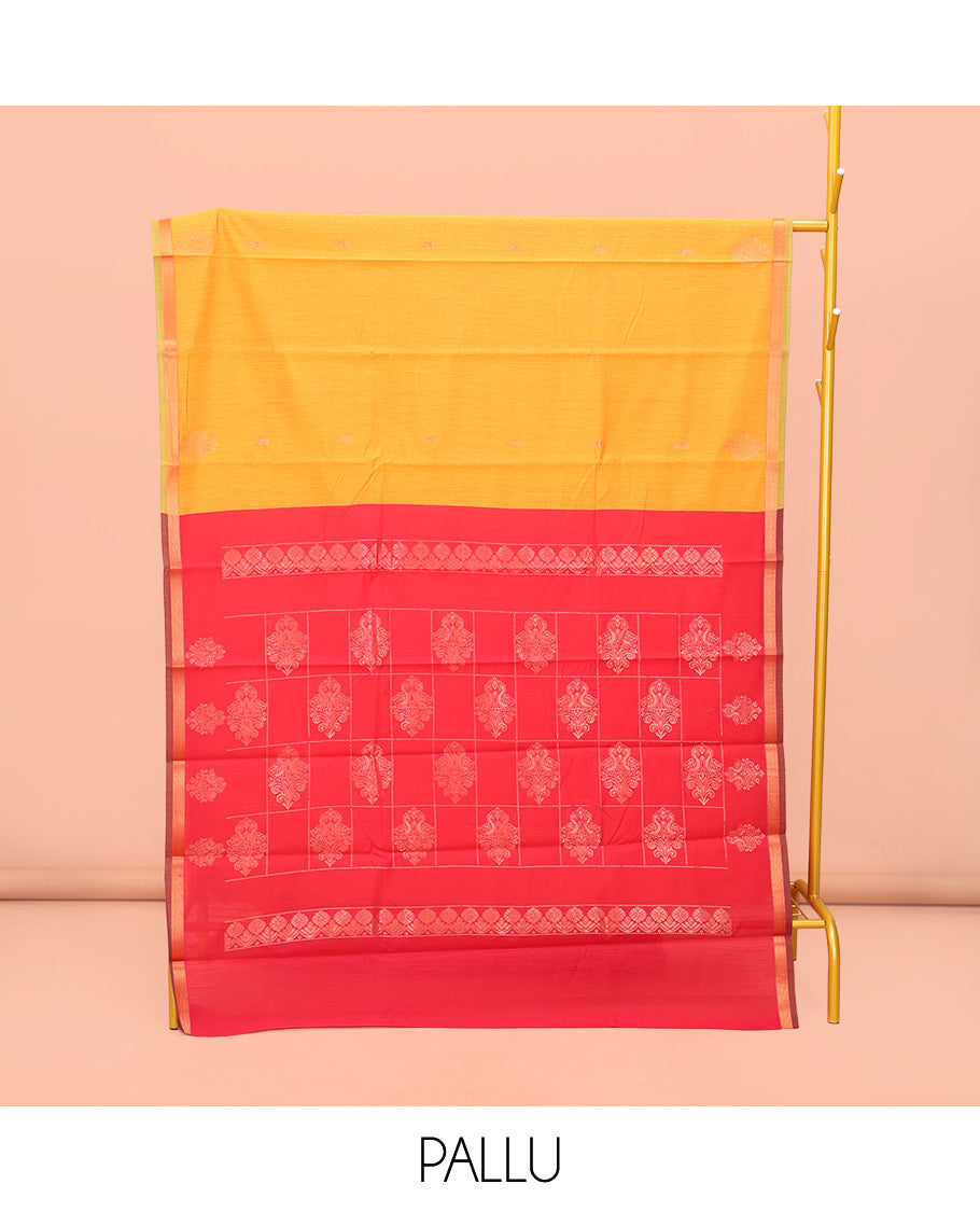 Yellow Semi-Silk Cotton Saree, Lightly Woven with Zari Buttas All Over Its Body, Highlighted by a Zari Piping Border, Complemented by a Contrast Pallu of Butta Enclosed Checked Design, and Paired with a Contrast Blouse