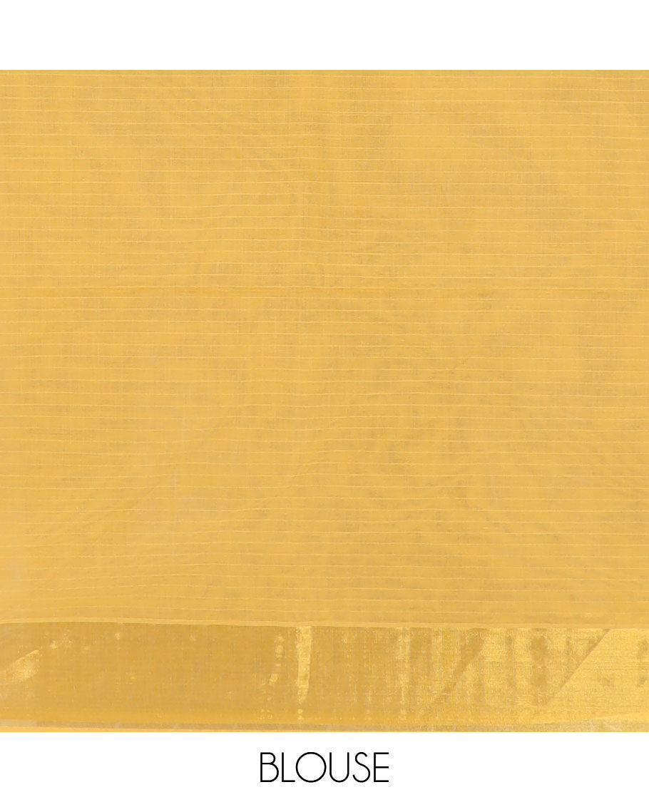 Yellow & orange striped jute cotton saree, zari woven border & striped pallu