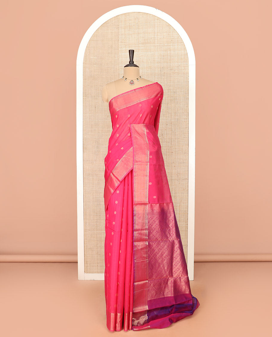 Pink Silk Cotton Saree Mesmerized with Polka Dot Buttas All Over the Body, Complemented by a Traditional Design Woven Border, Featuring a Pallu of Diagonal Designs, and Paired with a Contrast Blouse