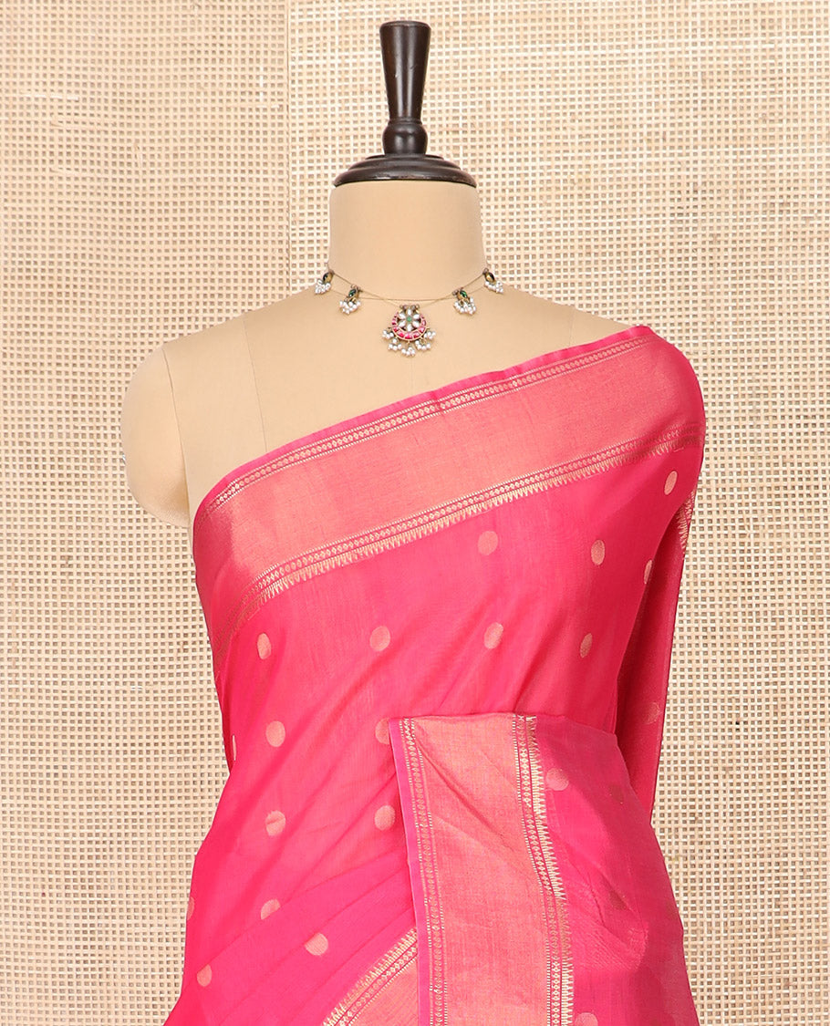 Pink Silk Cotton Saree Mesmerized with Polka Dot Buttas All Over the Body, Complemented by a Traditional Design Woven Border, Featuring a Pallu of Diagonal Designs, and Paired with a Contrast Blouse