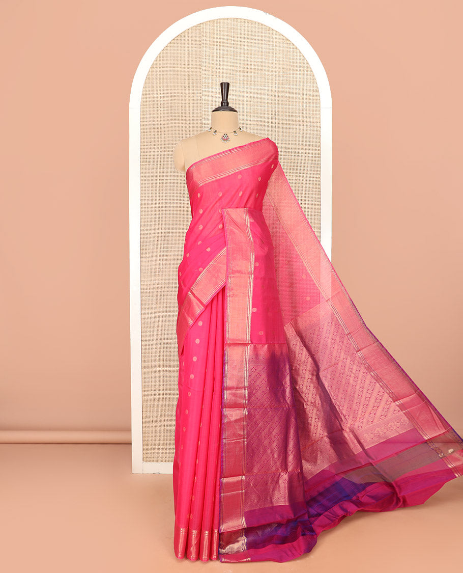 Pink Silk Cotton Saree Mesmerized with Polka Dot Buttas All Over the Body, Complemented by a Traditional Design Woven Border, Featuring a Pallu of Diagonal Designs, and Paired with a Contrast Blouse