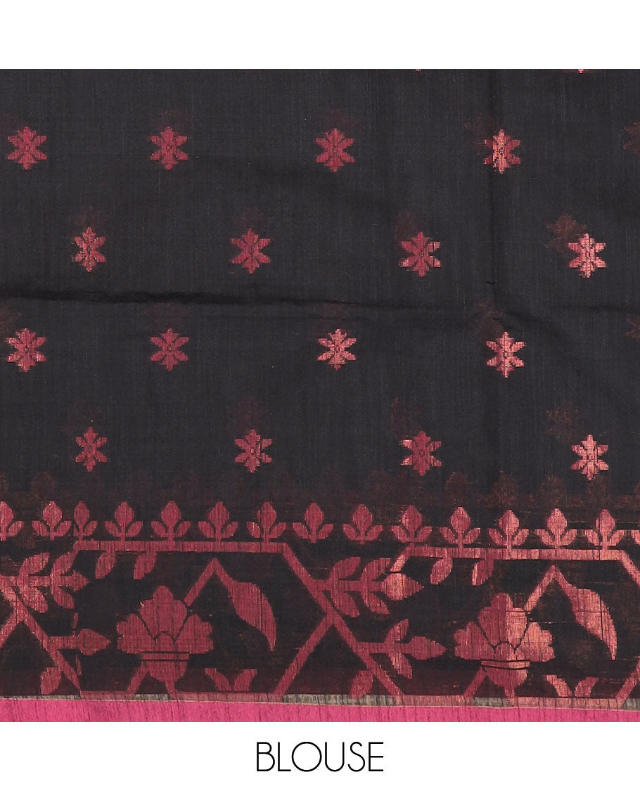 Black zari buttas Kadhi cotton saree, paithani-style floral-theme zari woven border & paithani-style motifs zari woven pallu