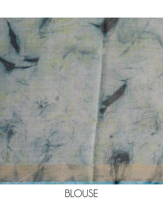 Light blue shibori printed with leaf motifs, printed cotton saree, bavanji border, and floral design pallu