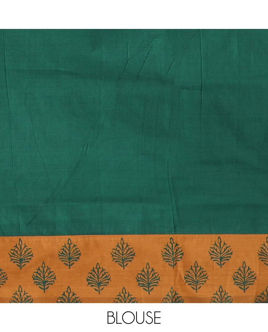 Orange floral motifs printed poly cotton saree, contrast block printed border, and wedding motifs printed pallu