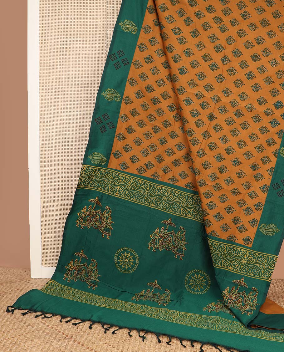 Orange floral motifs printed poly cotton saree, contrast block printed border, and wedding motifs printed pallu