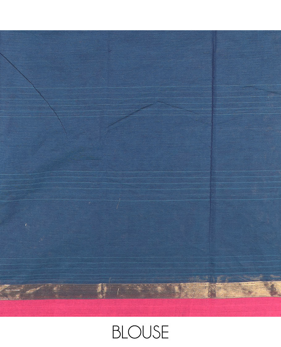 Blue buttas kanchi cotton saree, contrast plain border, and jaal pallu