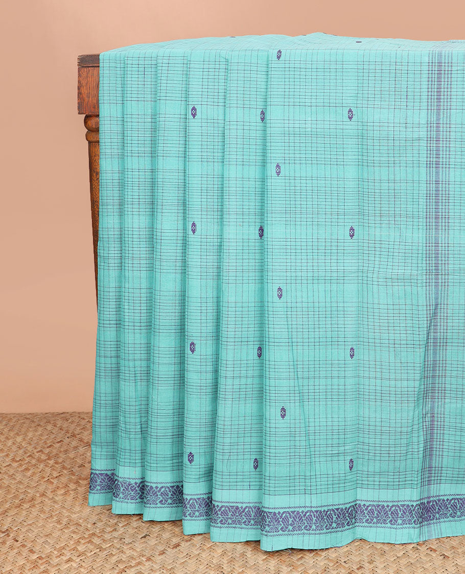 Pale blue buttas and checked Andhra cotton saree, unique border, and pallu of stripes and buttas