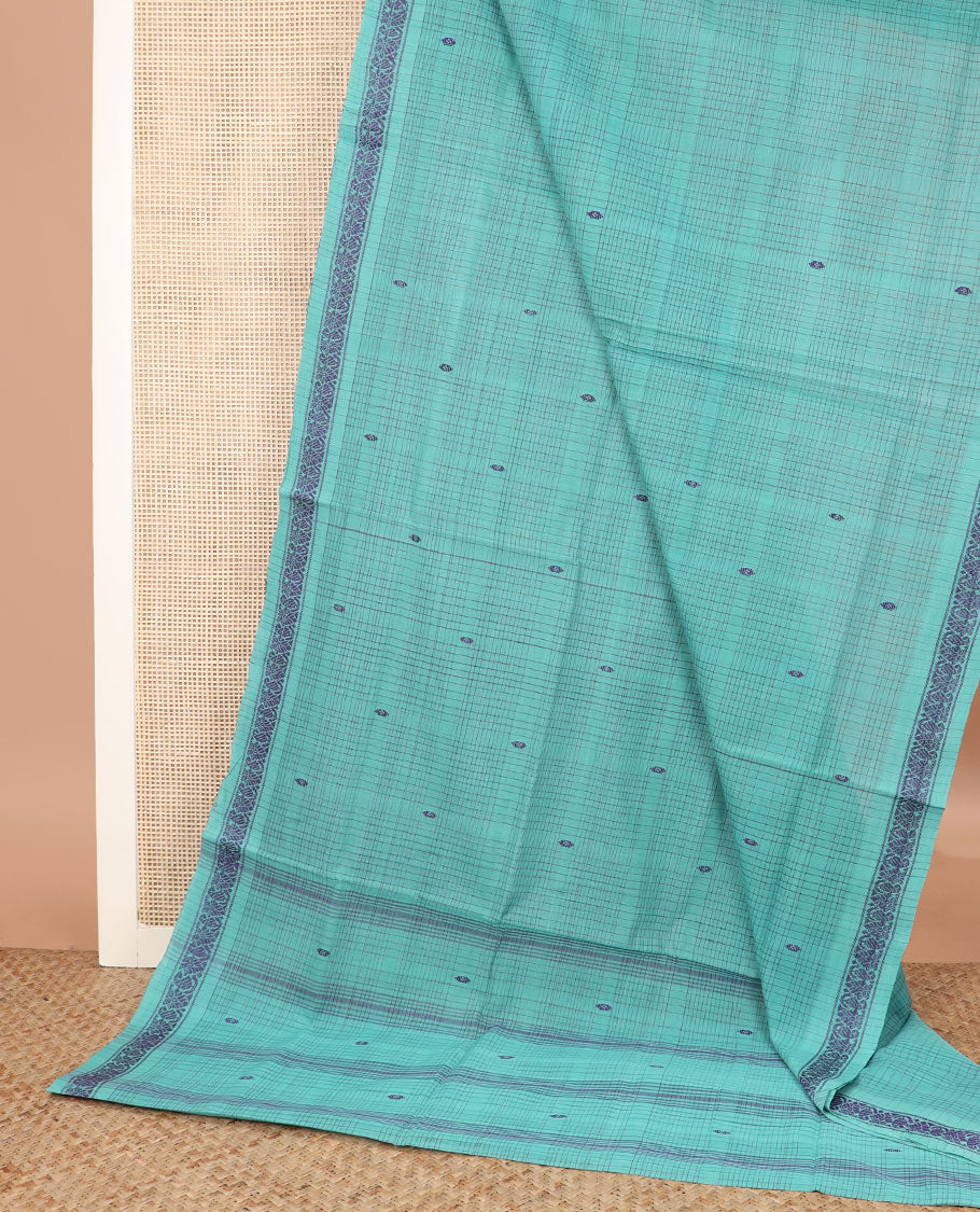 Pale blue buttas and checked Andhra cotton saree, unique border, and pallu of stripes and buttas