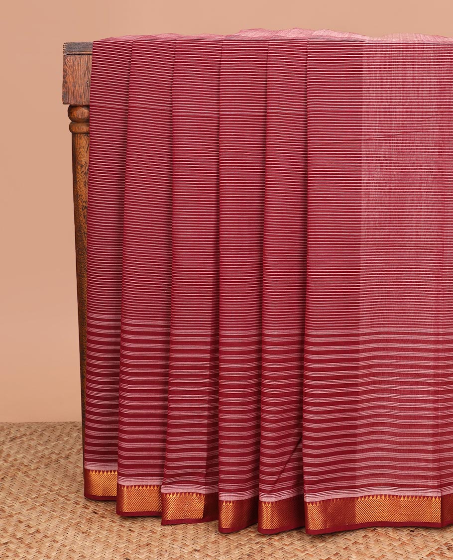 Maroon striped Mangalgiri cotton saree, traditional zari border, zari pallu, and a contrast striped blouse
