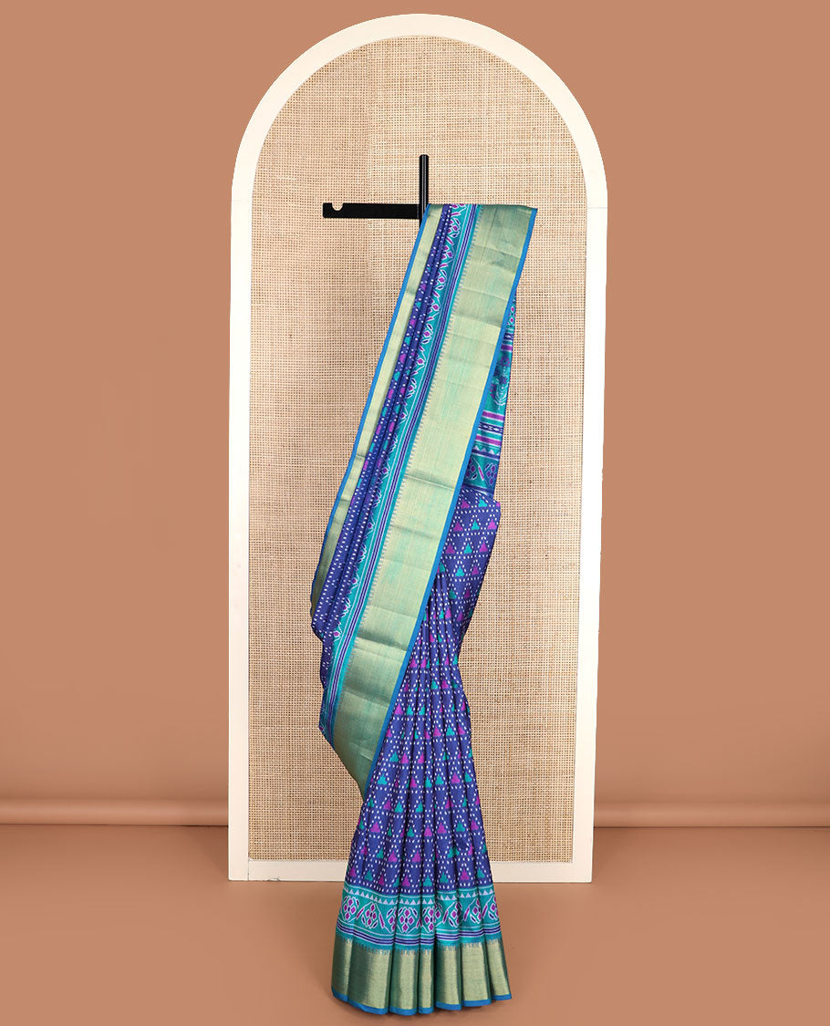 Blue triangle ikkat-stytle weave semi-banaras patola silk saree, contrast temple border, and pallu of floral and geometric motifs