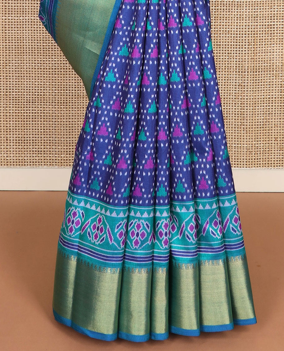 Blue triangle ikkat-stytle weave semi-banaras patola silk saree, contrast temple border, and pallu of floral and geometric motifs