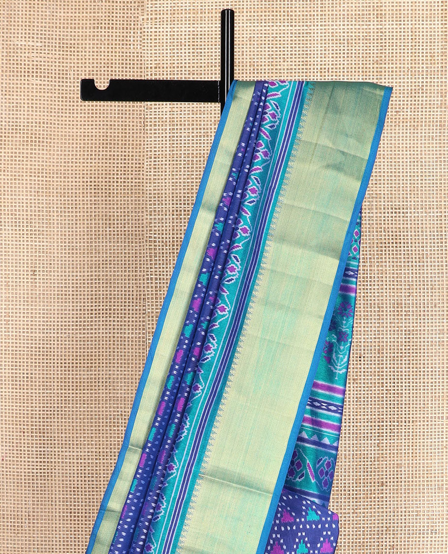 Blue triangle ikkat-stytle weave semi-banaras patola silk saree, contrast temple border, and pallu of floral and geometric motifs