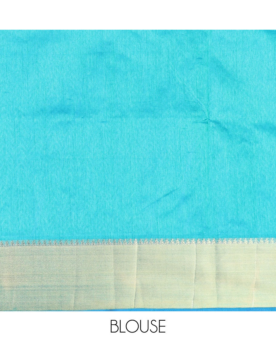 Blue triangle ikkat-stytle weave semi-banaras patola silk saree, contrast temple border, and pallu of floral and geometric motifs