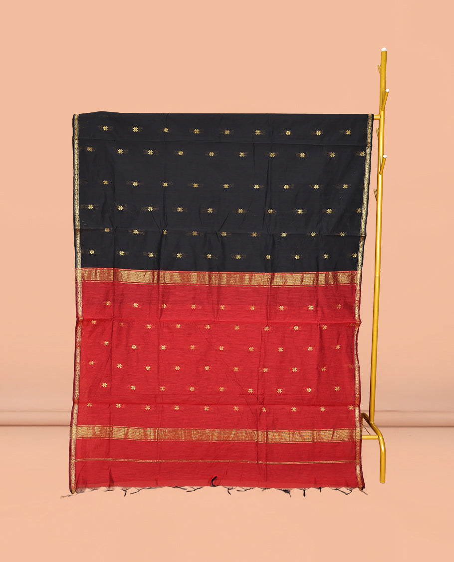 Black Maheshwari Cotton Saree, Embellished with Buttas All Over Its Body, Subtle Zari Piping Border, Complemented by a Contrast Pallu Steeped with Buttas, and Paired with a Contrast Blouse