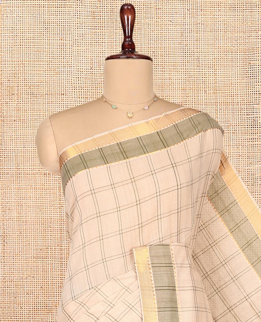 Sandal Mangalgiri Cotton Saree, Subtly Sparkled with Checks on Its Body, Complemented by Contrast Zari Temple Border, Zari-Striped Pallu, and Paired with a Contrast Blouse