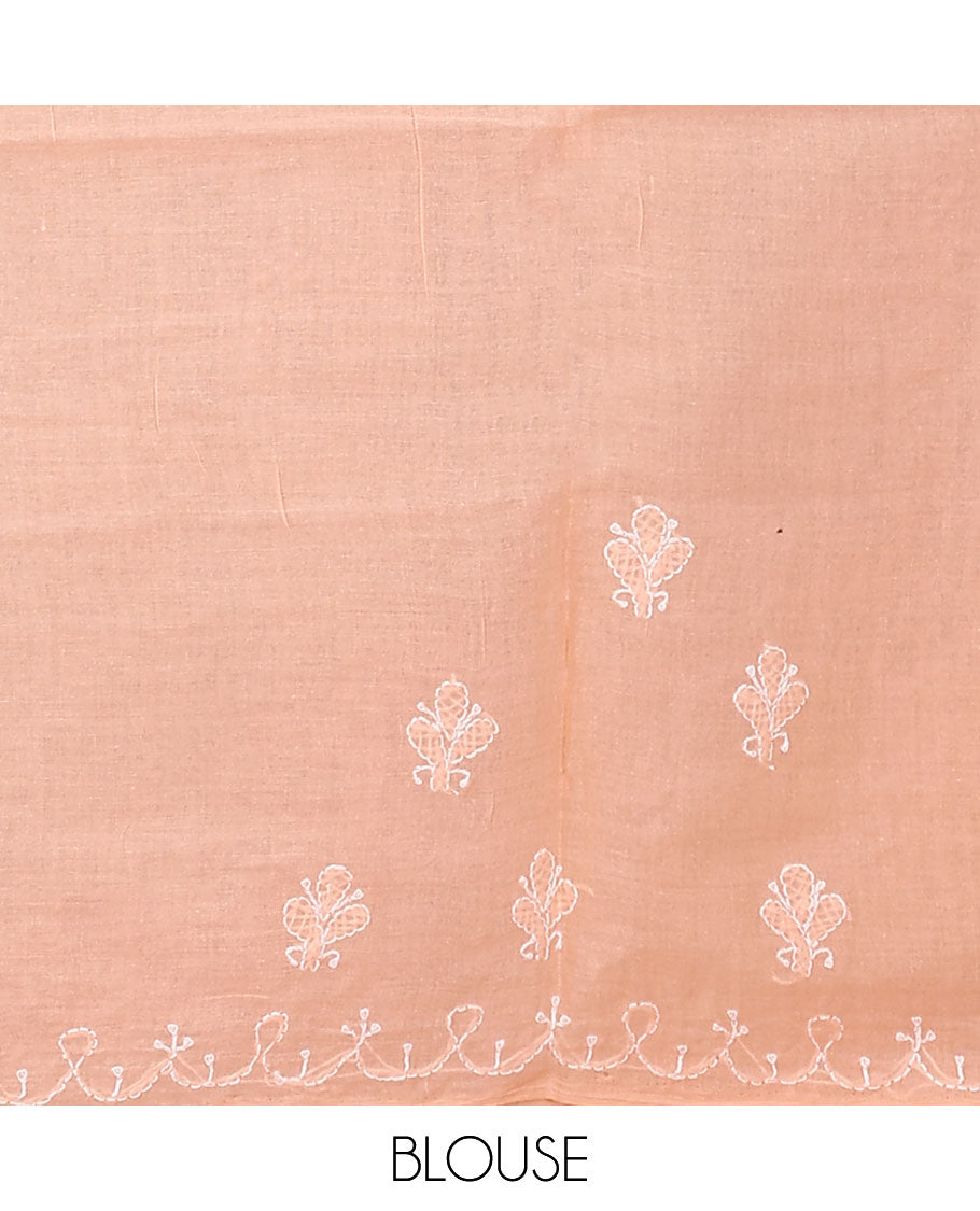 Light orange embroidered buttas Lucknowi chikankari saree, thread embroidered border, and floral-paisley motifs embroidered pallu