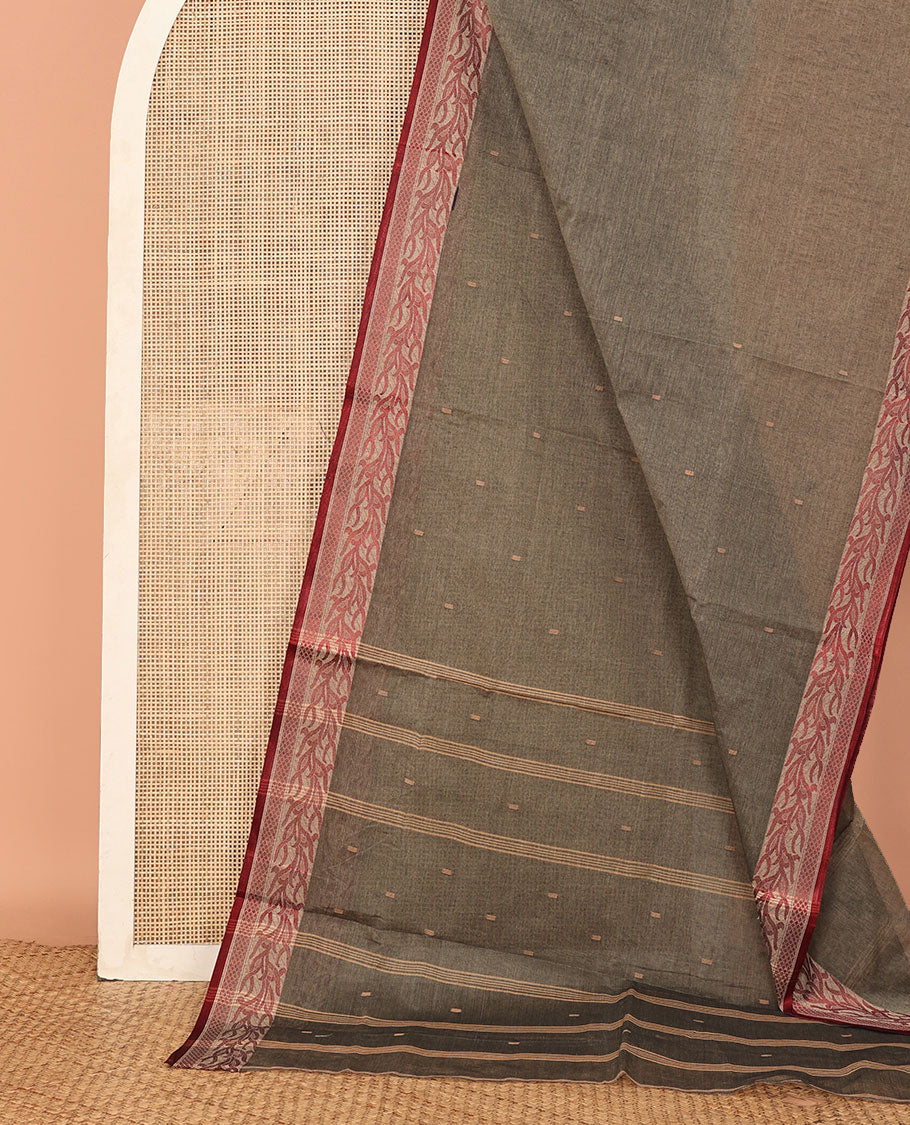 Grey Bengal Cotton Saree, Delicately Woven with Buttas, a Self-Border of Vine Design, Striped Pallu, and No Blouse