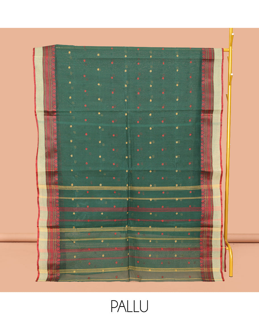 Green Bengal Cotton Saree, Accentuated with Thread Buttas, a Contrast Traditional Design Border, Pallu of Stripes, and Buttas, and a Matching Blouse