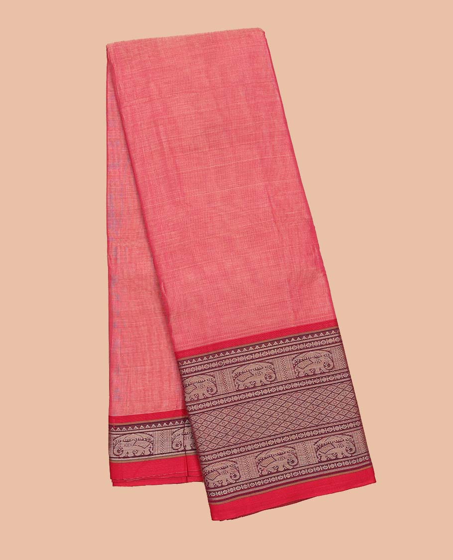 Pink plain design Narayanapet cotton saree, contrast traditional design border & striped pallu