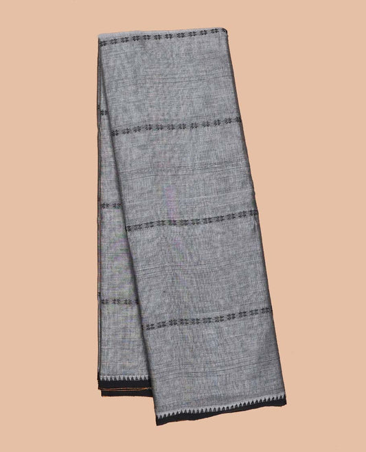 Grey striped Narayanapet cotton saree,  contrast traditional design border & striped pallu