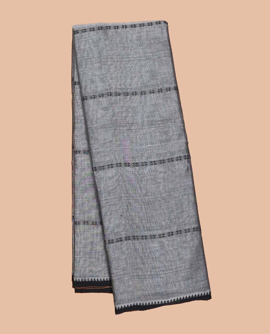 Grey striped Narayanapet cotton saree, contrast traditional design border & striped pallu